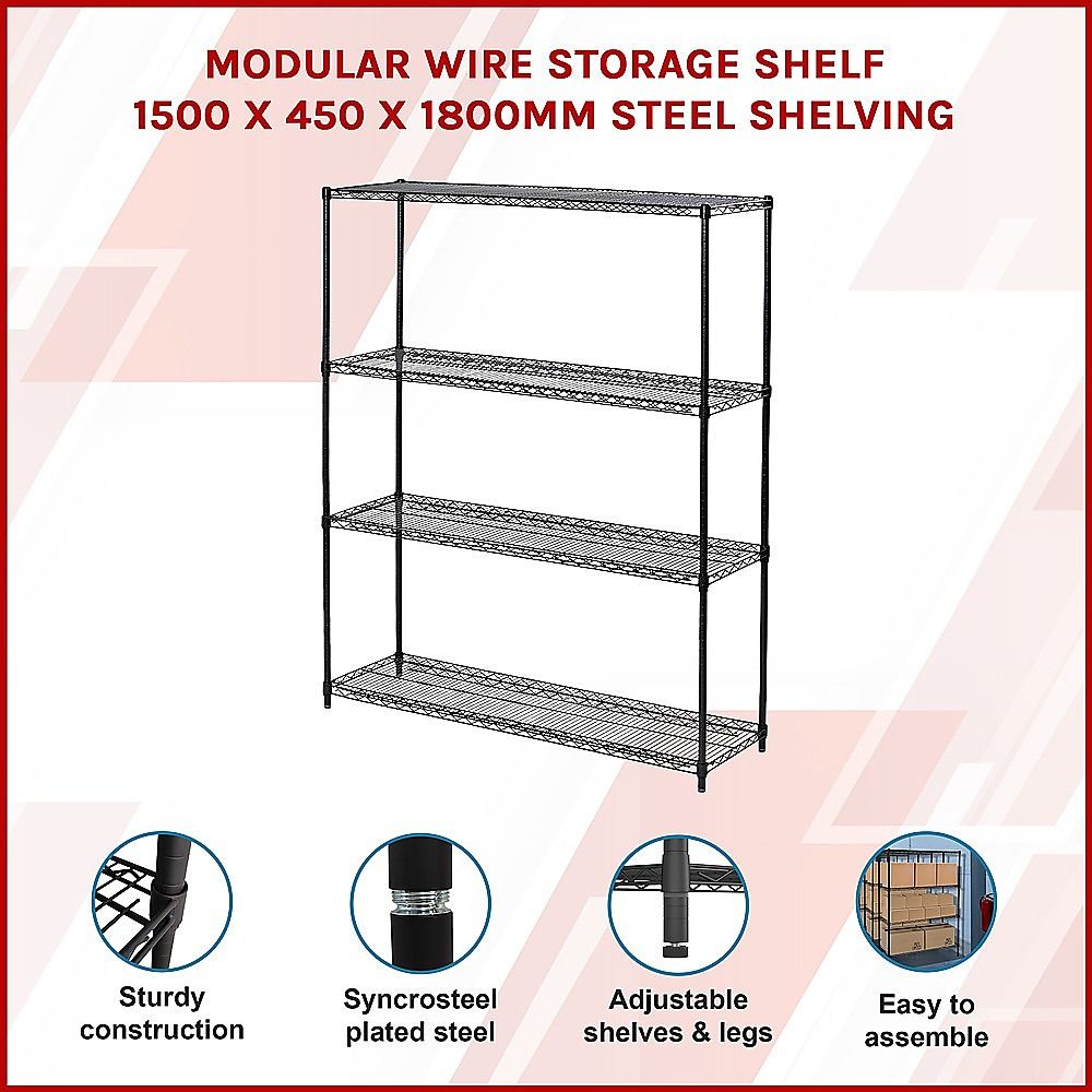 Wire Storage Rack – 150x45cm Black Shelving with Fixed Legs