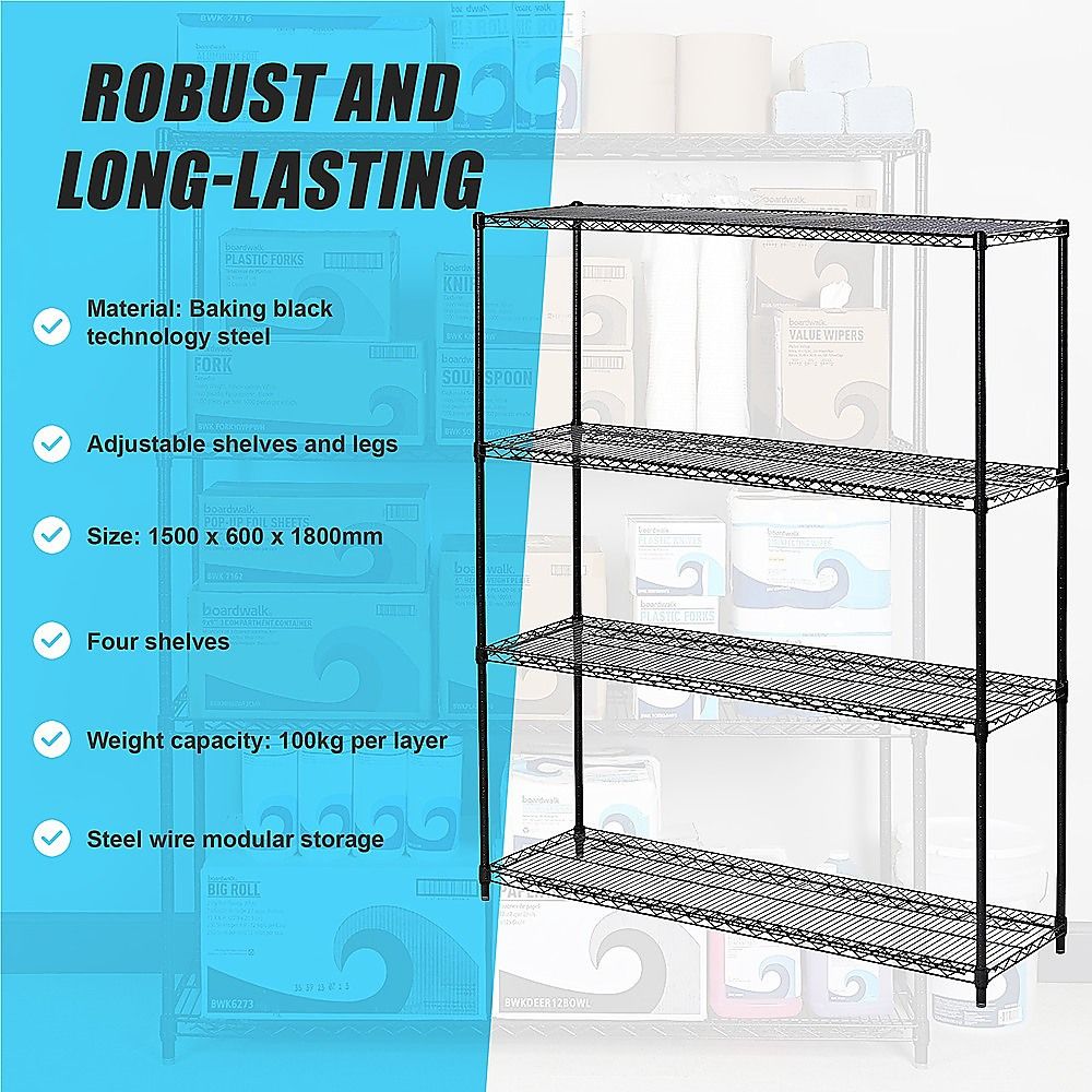 Wire Storage Rack – 120x60cm Black Shelving with Fixed Legs