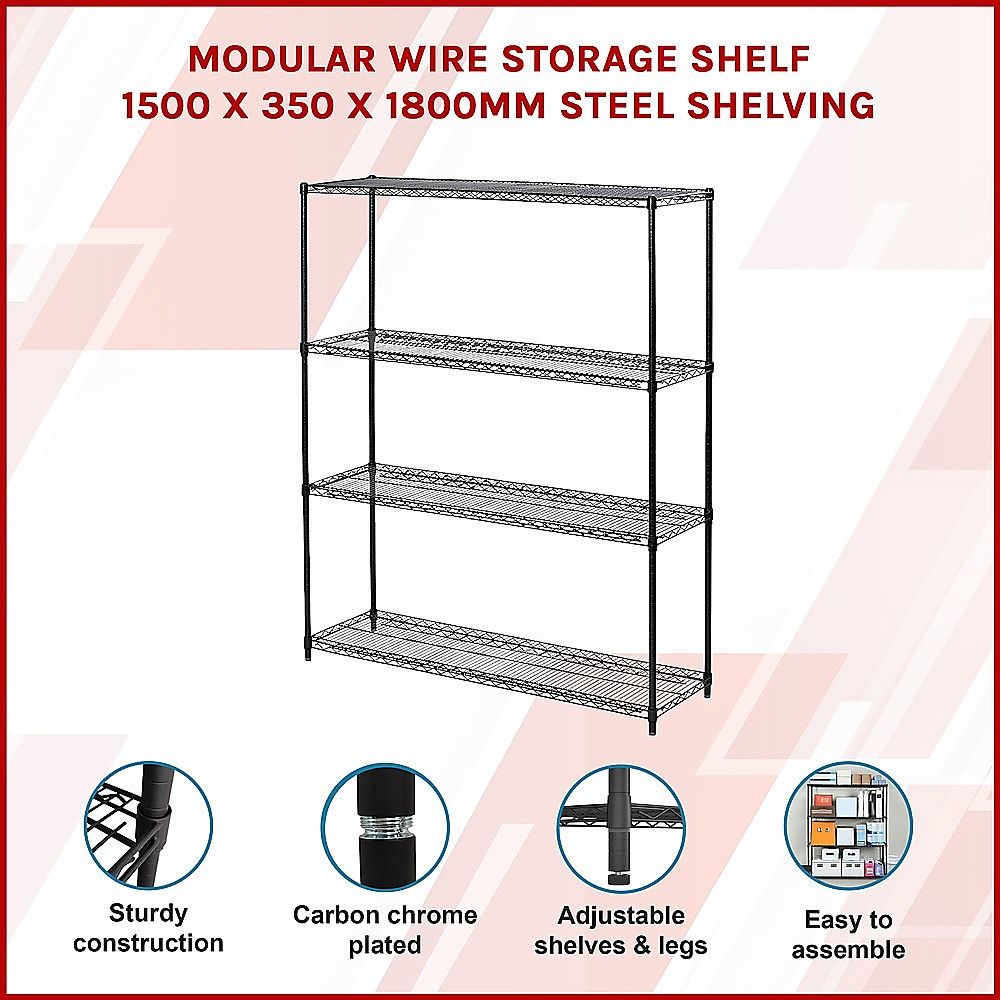 Wire Storage Rack – 150x35cm Black Shelving with Fixed Legs