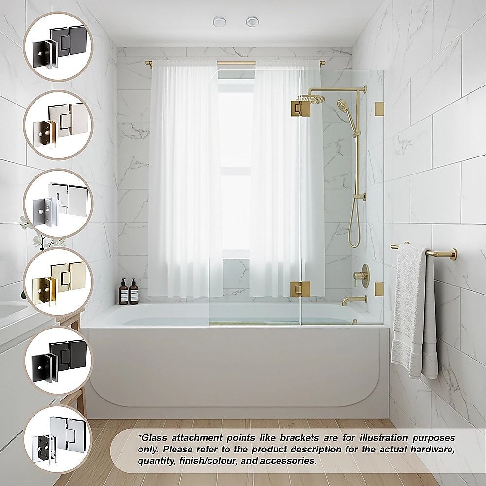 90cm Frameless Glass Bath Screen – Brass F-Brackets in Black for Stylish Bathroom Upgrade