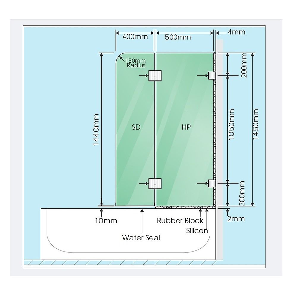 90cm Frameless Glass Bath Screen – Brass F-Brackets in Black for Stylish Bathroom Upgrade