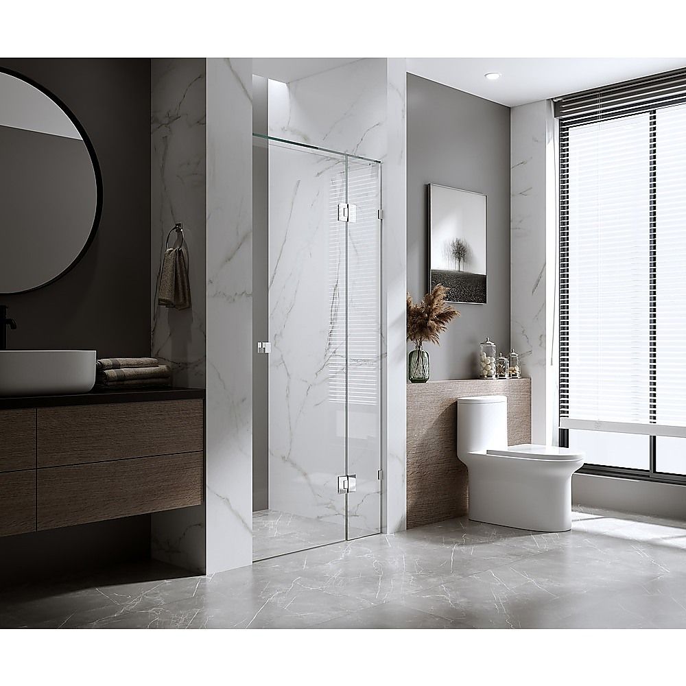 110cm Wall-to-Wall Frameless Shower Screen – Gold F-Brackets with SS Hinges & Square Double Pull Handle