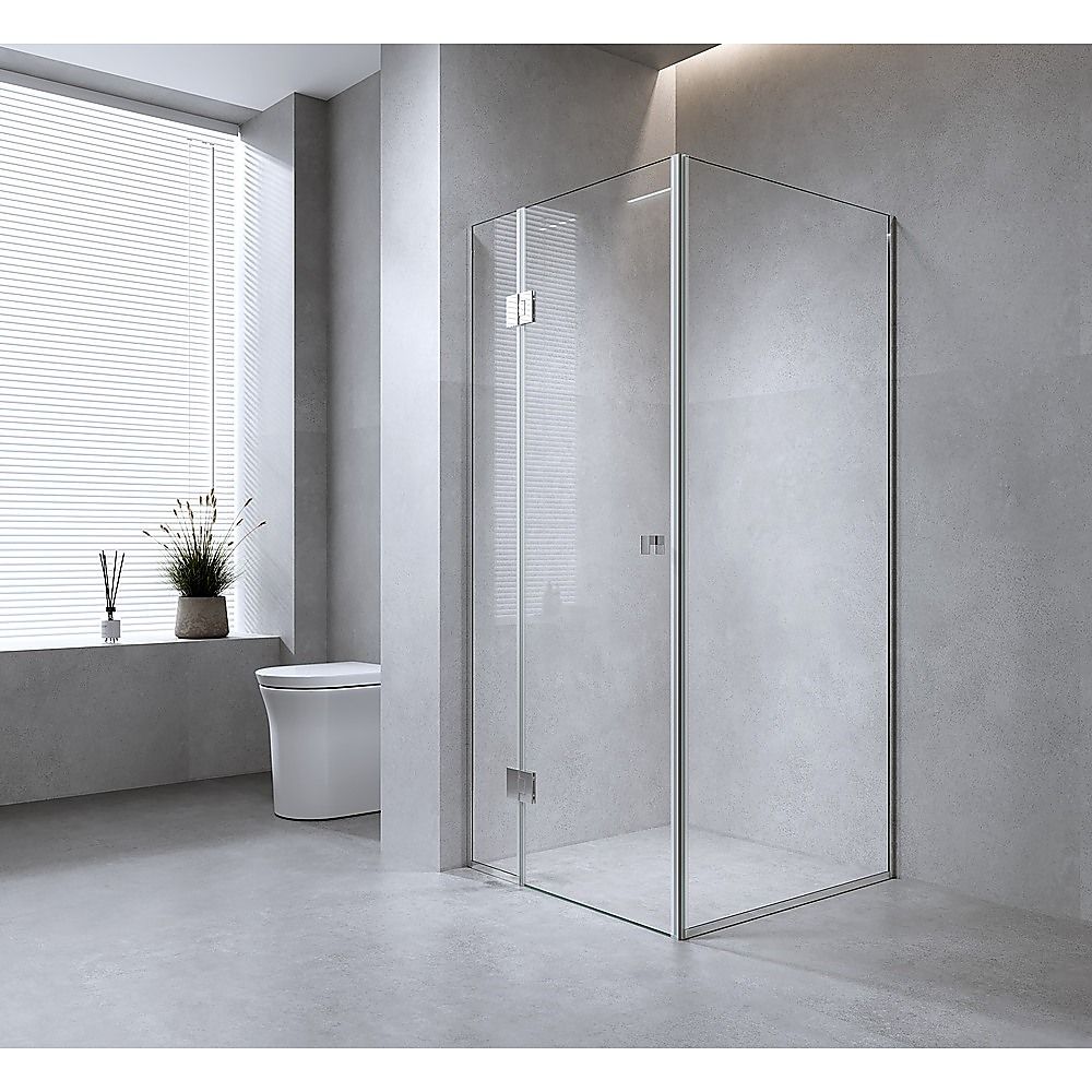 120x70cm Corner Frameless Shower Screen – Gold Wall Channel with Brass Hinges & Square Double Pull Handle