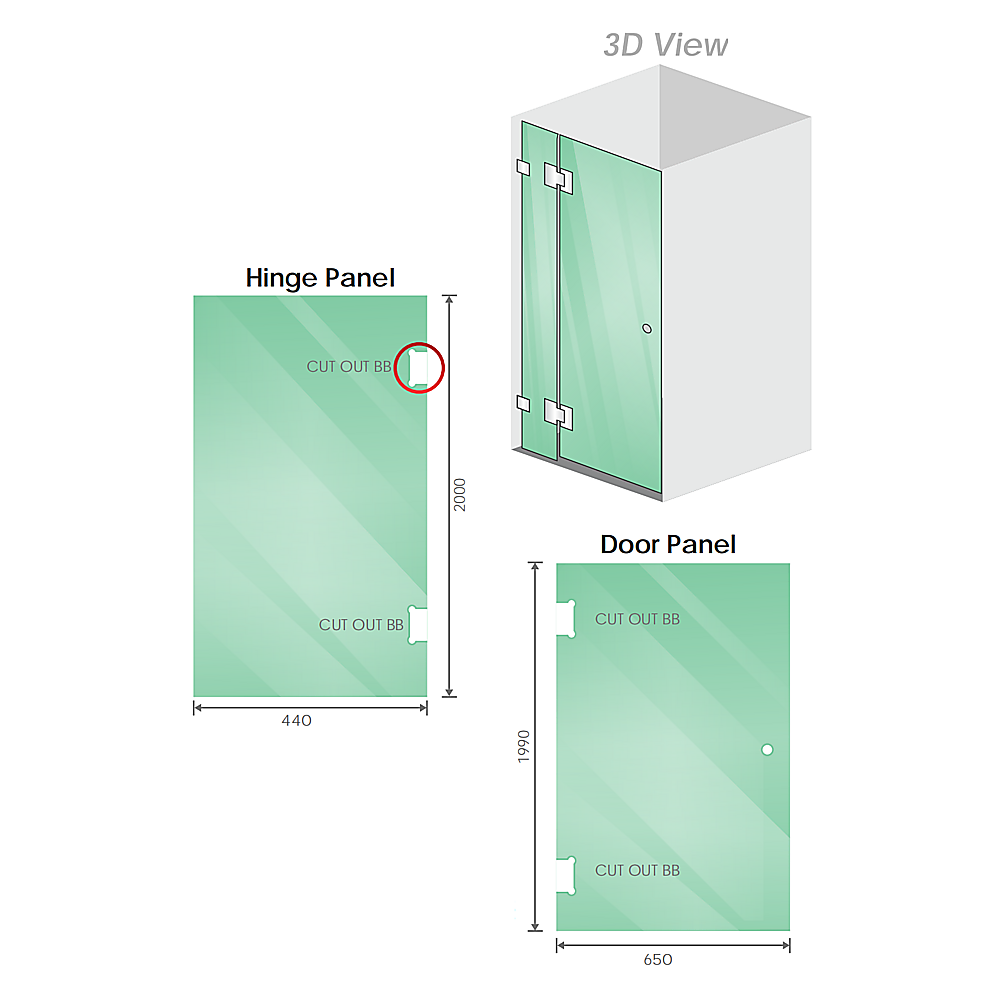 90x110cm Double Door Corner Shower Screen – Channels with Brass Hinges in Gold, Square Knob Handles