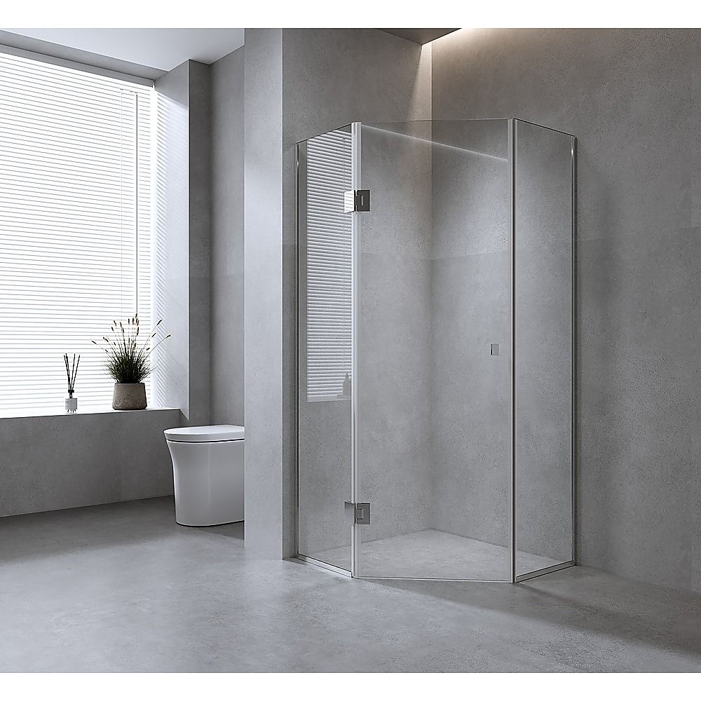 90cm Frameless Diamond Shower Screen – Channels with Brass Hinges in Gold, Square Double Pull Handle