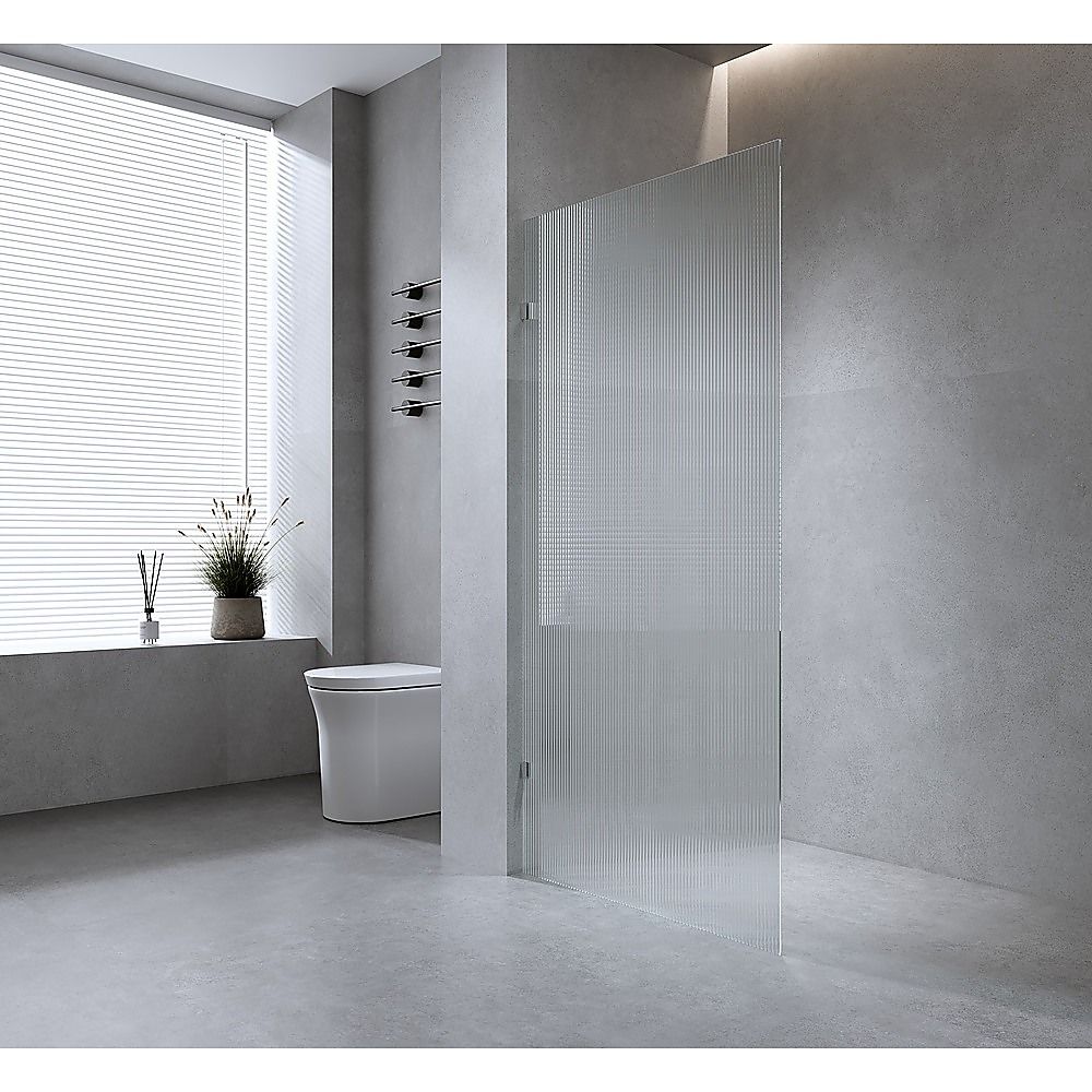 80cm Reeded Glass Shower Screen with Gold F-Brackets and Square Pole