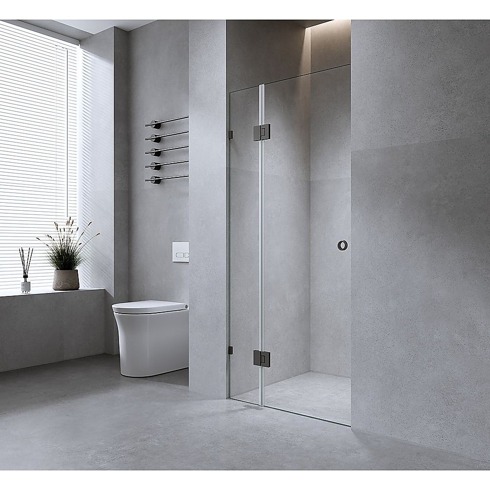 90cm Frameless Wall-to-Wall Shower Screen with Gold Brackets & Brass Hinges – U-Brackets and Floor U-Bracket