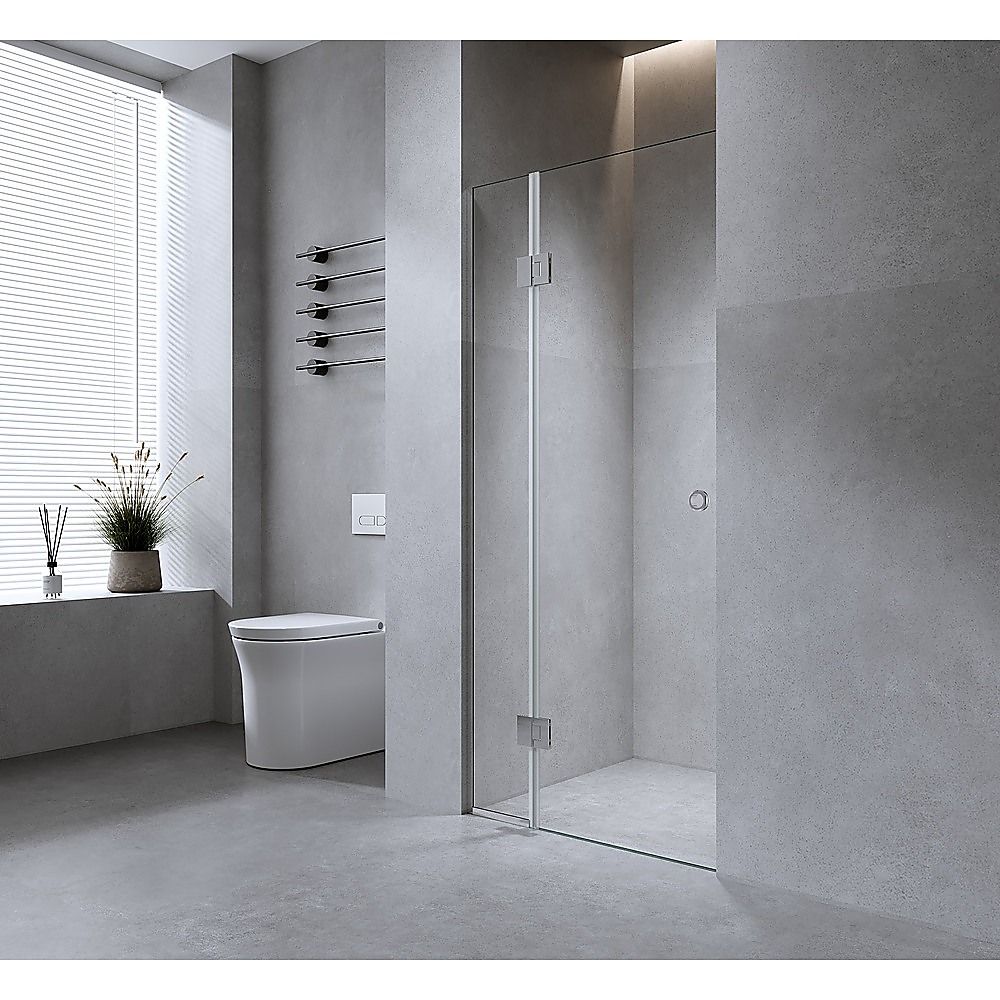 90cm Frameless Wall-to-Wall Shower Screen – White Wall Channel and Floor Channel with Brass Hinges