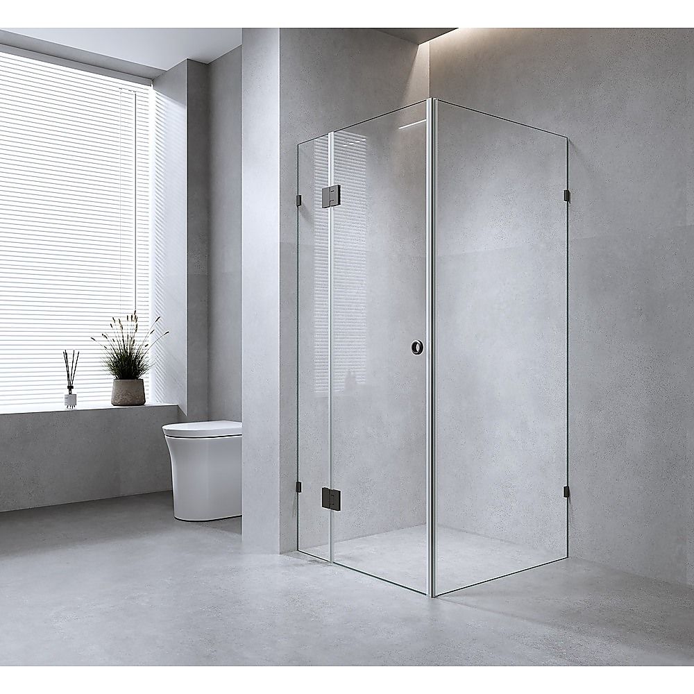 100x70cm Corner Frameless Shower Screen with Gold Brackets and Brass Hinges - U-Brackets and Floor U-Bracket