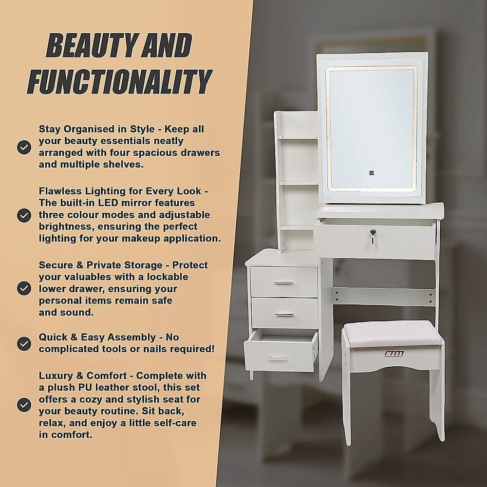 Dressing Table LED Makeup Mirror Stool Set Vanity Desk With Drawer Lighted