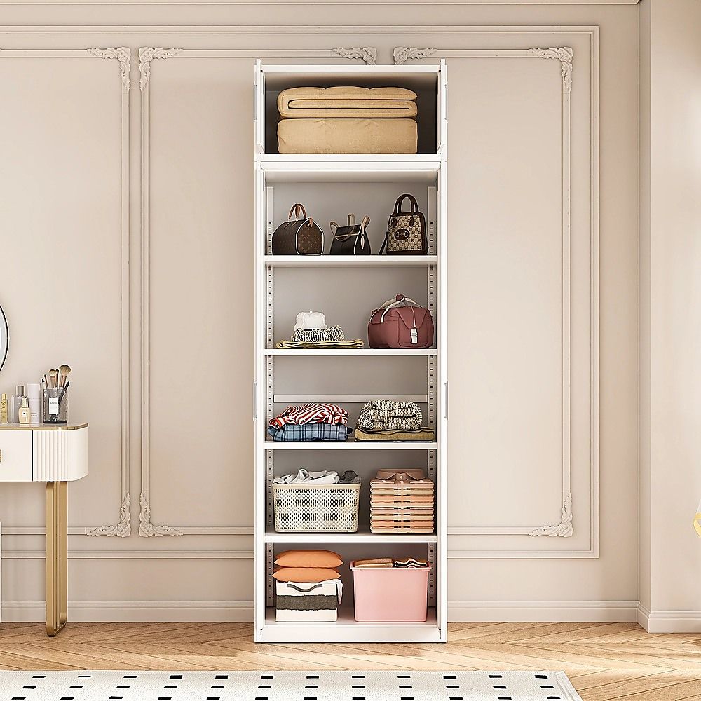 80x240cm 2-Door White Steel Shelf Wardrobe with White Handle Storage Cabinet