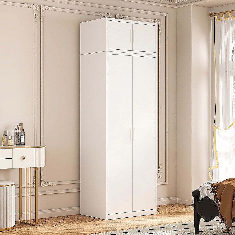 80x240cm 2-Door White Steel Shelf Wardrobe with White Handle Storage Cabinet