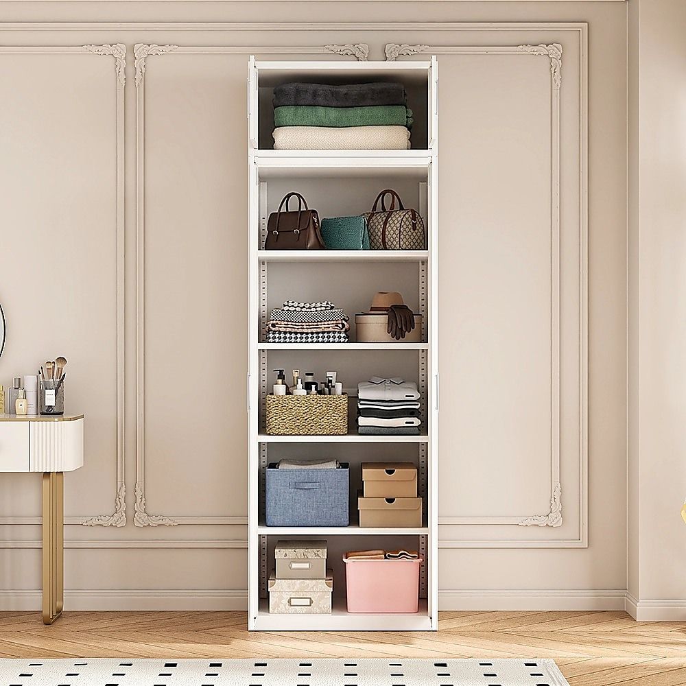 80x240cm 2-Door White Steel Shelf Wardrobe with White Handle Storage Cabinet