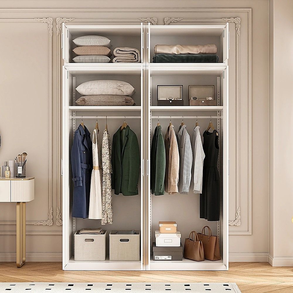 160x240cm 4-Door White Steel Hanging Wardrobe with White Handle Storage Cabinet