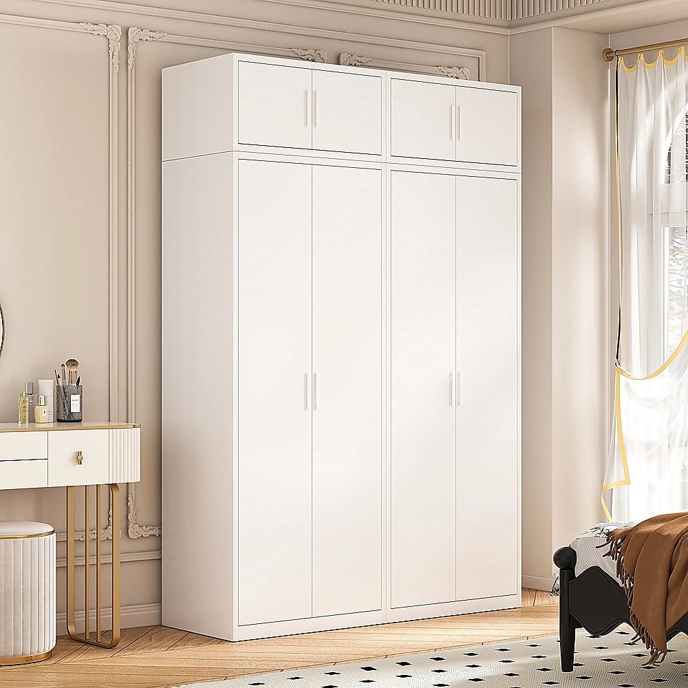 160x240cm 4-Door White Steel Hanging Wardrobe with White Handle Storage Cabinet