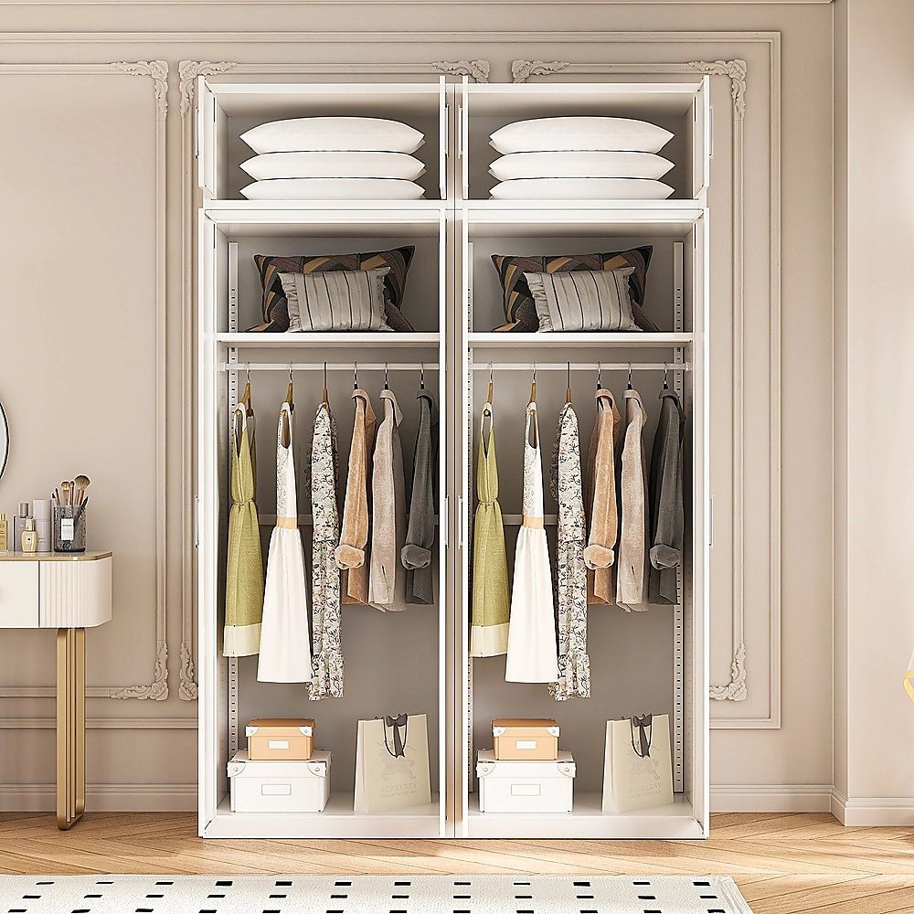 160x240cm 4-Door White Steel Hanging Wardrobe with White Handle Storage Cabinet