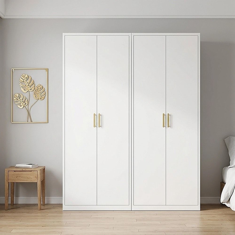 160x240cm 4-Door White Steel Shelf Wardrobe with Gold Handle Storage Cabinet