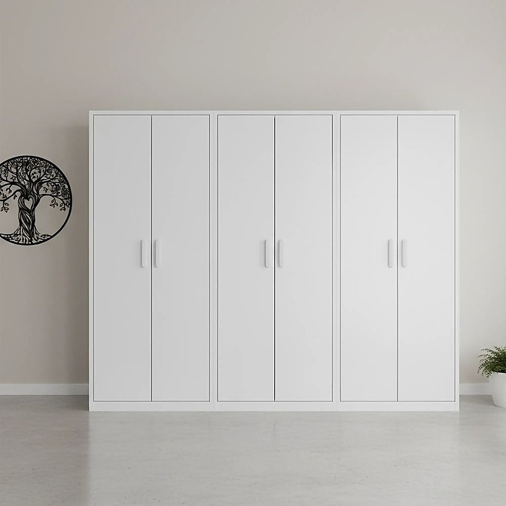 240x200cm 6-Door White Steel 2 Hanging and 1 Shelf Wardrobe with White Handle Storage Cabinet