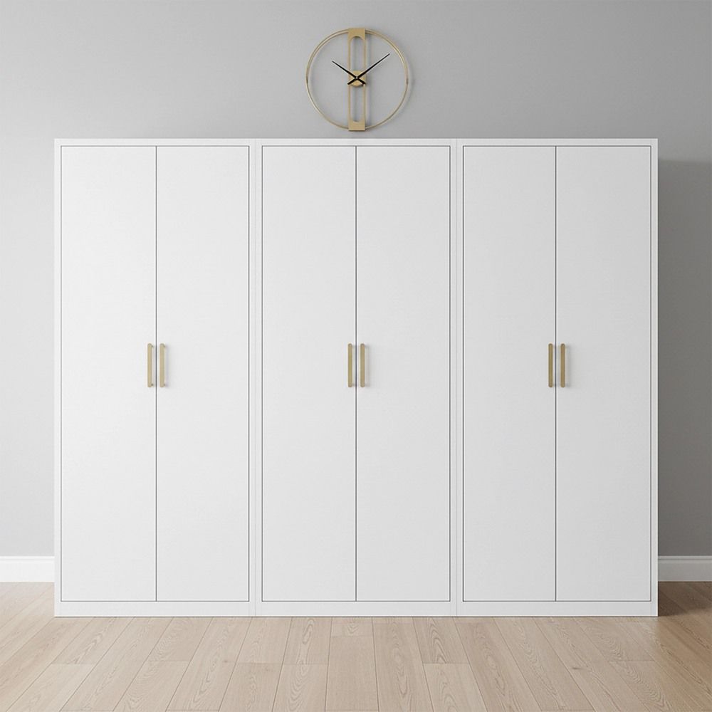 240x200cm 6-Door White Steel Hanging Wardrobe with Gold Handle Storage Cabinet