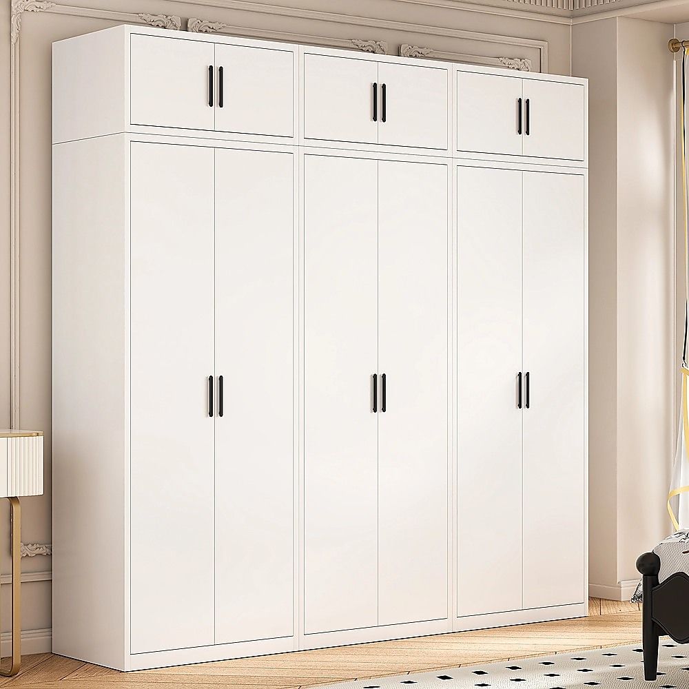 240x240cm 6-Door White Steel Shelf Wardrobe with Black Handle Storage Cabinet