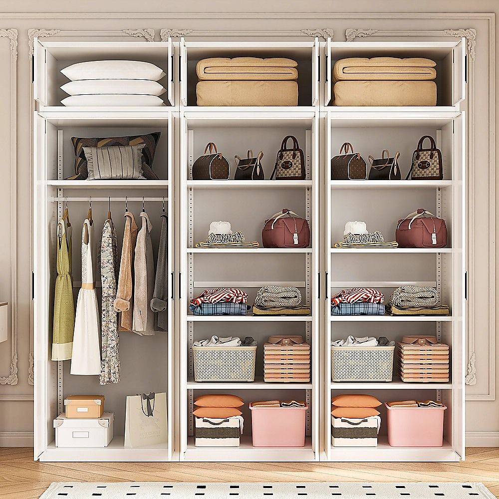 240x240cm 6-Door White Steel Shelf Wardrobe with Black Handle Storage Cabinet