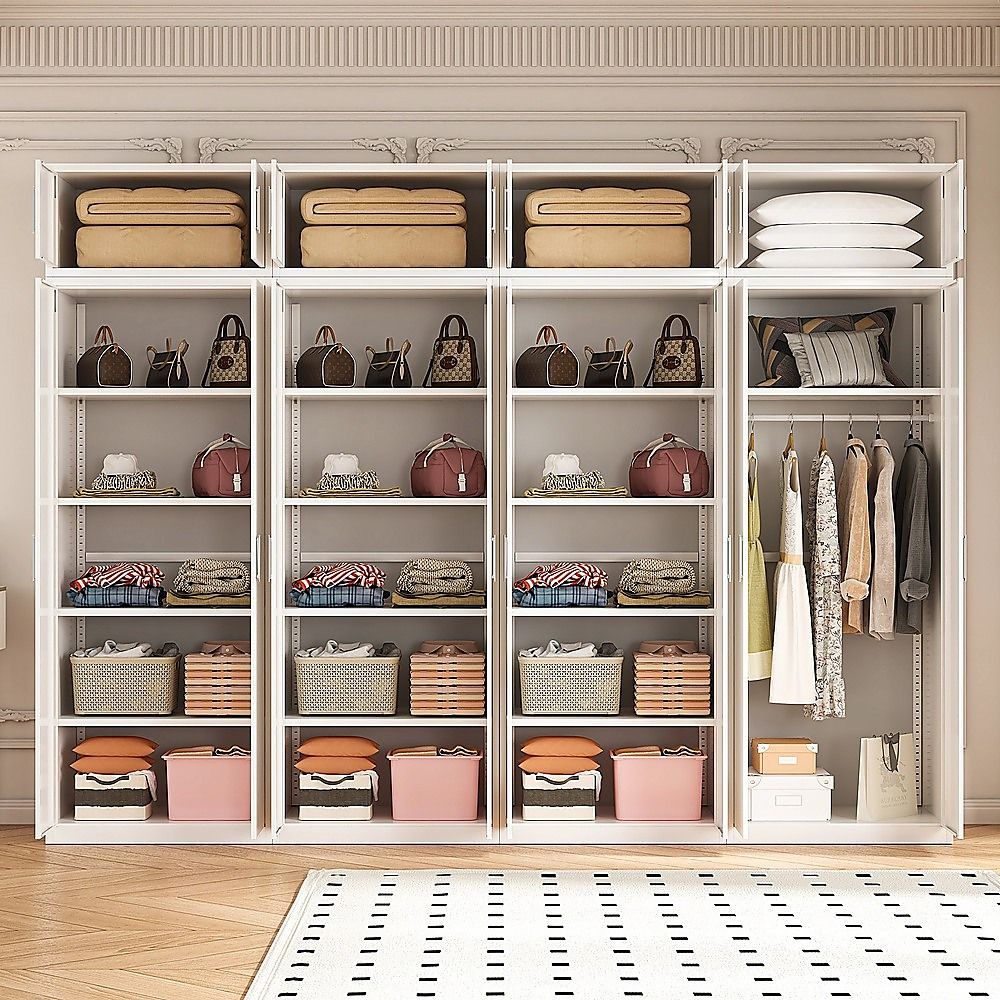 320x240cm 8-Door White Steel 1 Hanging and 3 Shelf Wardrobe with White Handle Storage Cabinet