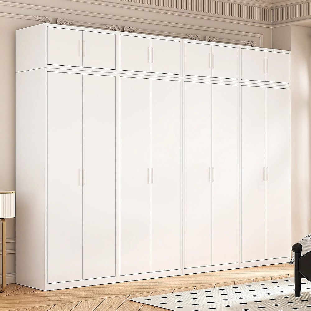 320x240cm 8-Door White Steel 1 Hanging and 3 Shelf Wardrobe with White Handle Storage Cabinet