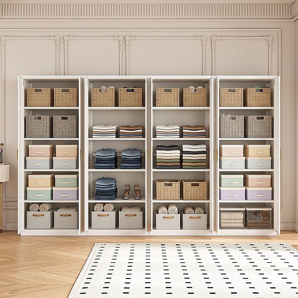 320x200cm 8-Door White Steel Shelf Wardrobe with Gold Handle Storage Cabinet