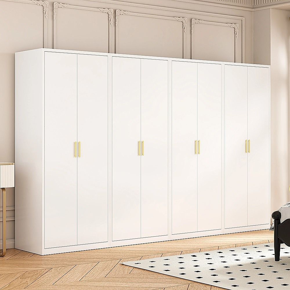 320x200cm 8-Door White Steel Shelf Wardrobe with Gold Handle Storage Cabinet