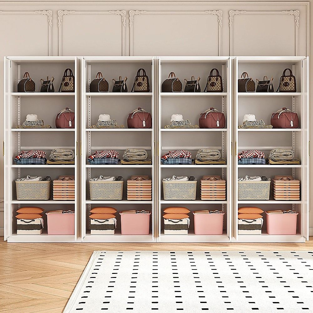 320x200cm 8-Door White Steel Shelf Wardrobe with Gold Handle Storage Cabinet