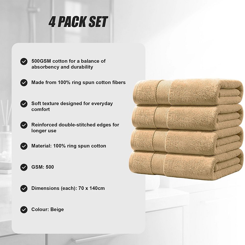 Bath Towel Set – 4-Pack Beige 500 GSM Ring-Spun Cotton Towels