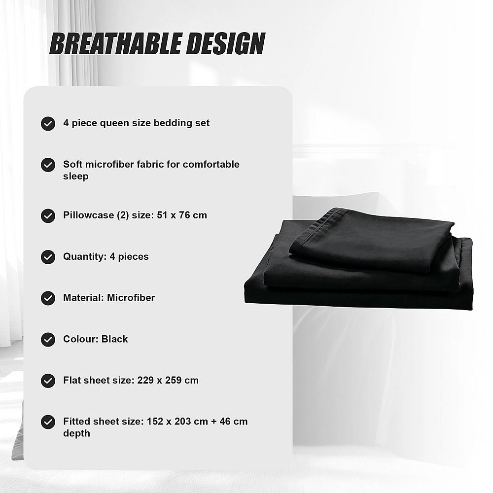 Queen Microfiber Sheet Set – Black 4-Piece Set with Deep Pockets
