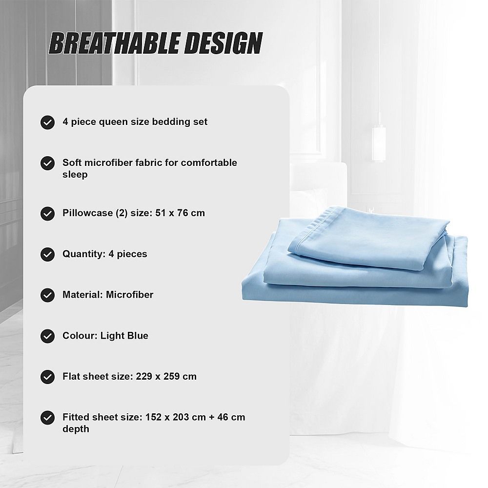 Queen Microfiber Sheet Set – Light Blue 4-Piece Set with Deep Pockets