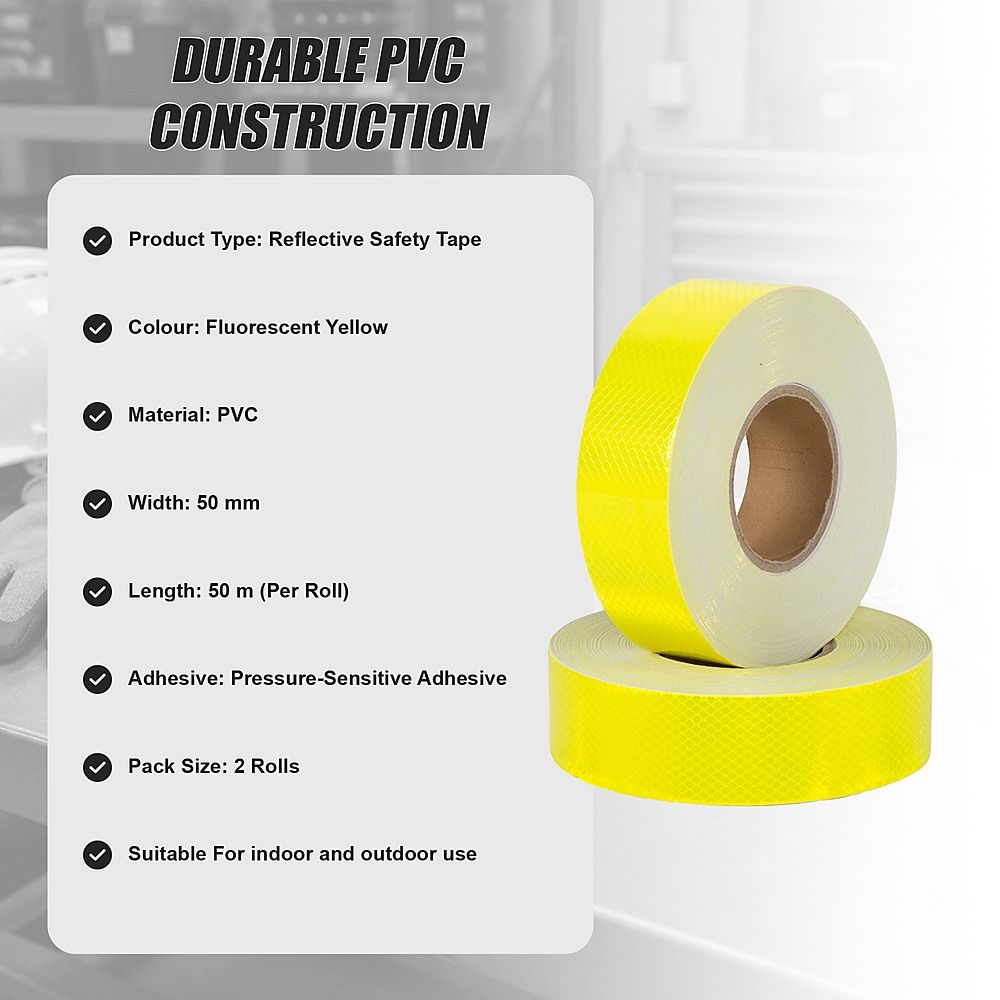 Reflective Tape Hi Vis Fluorescent Yellow 5cm x 50m Adhesive Safety 2 Pack