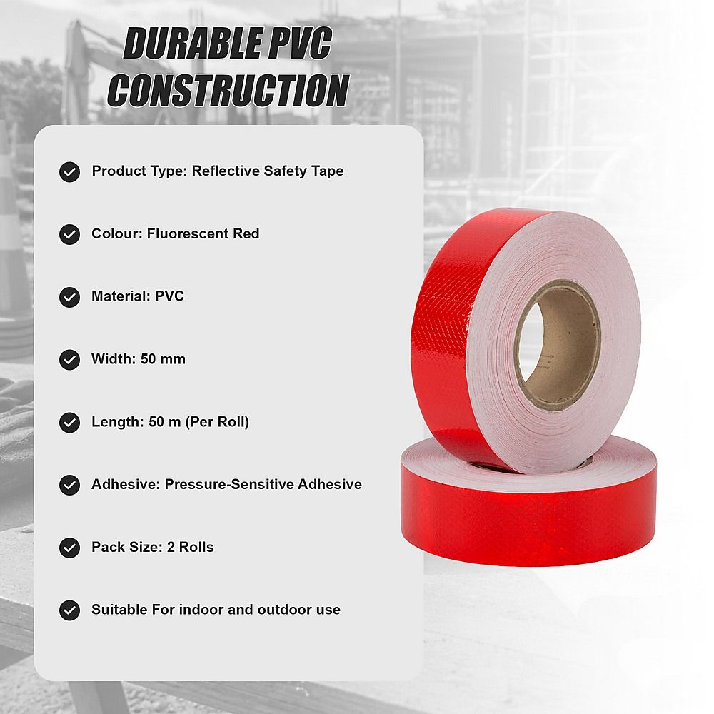 Reflective Tape Hi Vis Fluorescent Red 5cm x 50m Adhesive Safety 2 Pack