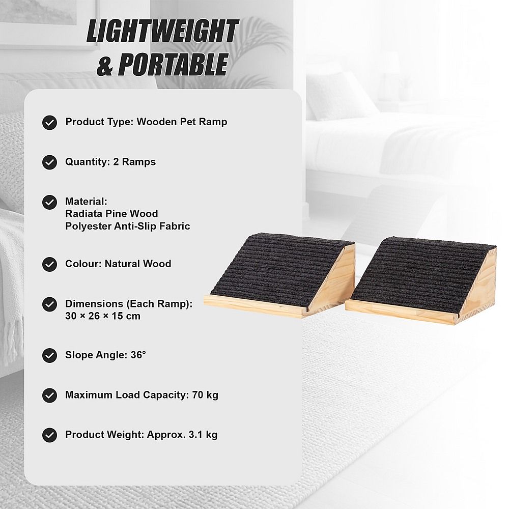 Wooden Pet Ramps with Non-Slip Gentle Slope for Dogs & Cats 2 Pack