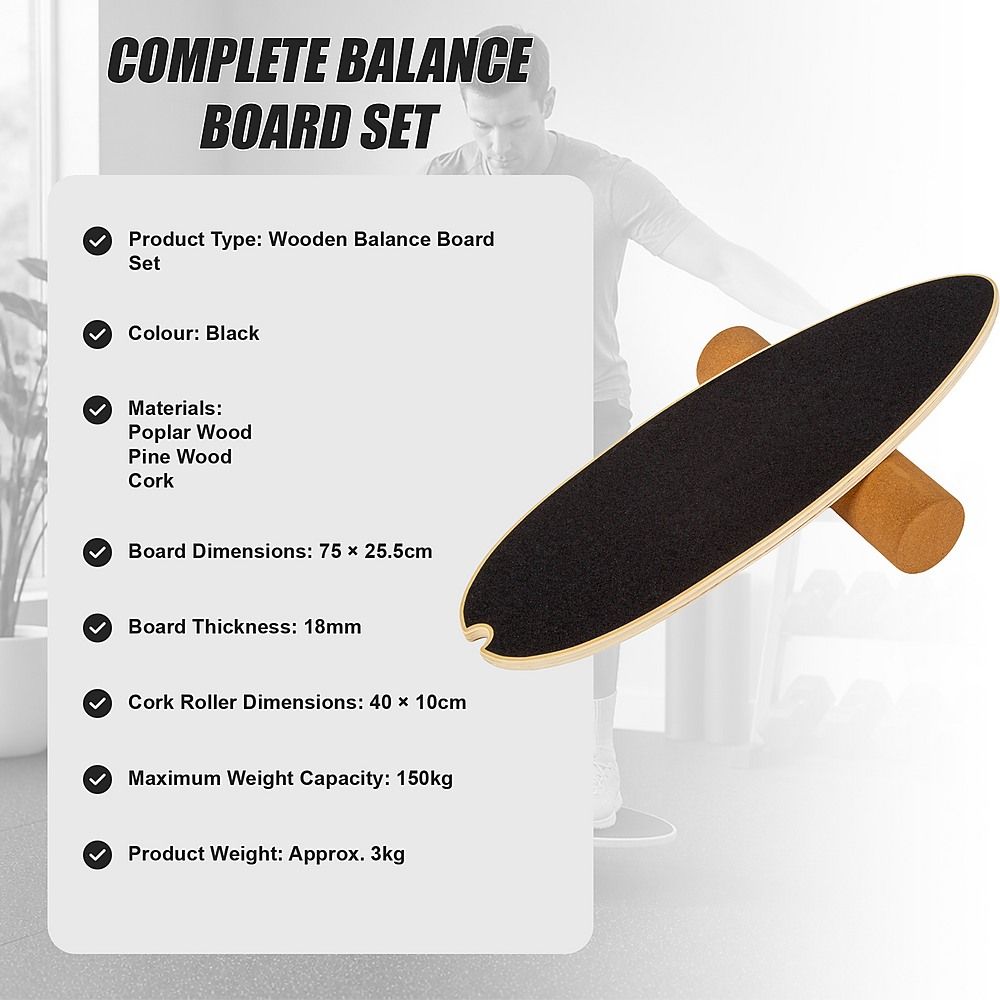 Surf Style Balance Board with Cork Roller Wooden Wobble Board 150kg Capacity
