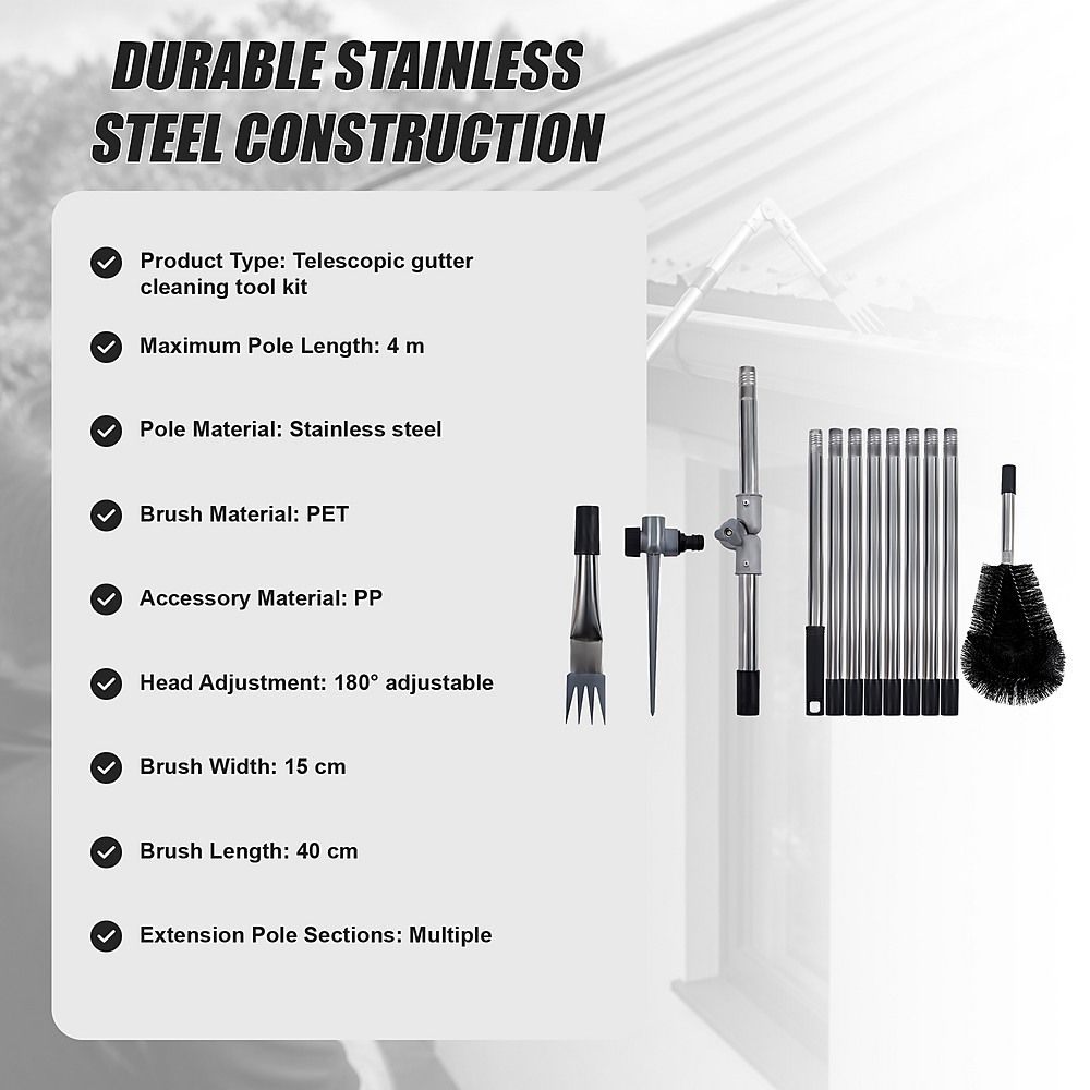 4M Telescopic Gutter Cleaning Tool Kit with Adjustable Pole, Gutter Brush & Gutter Rake