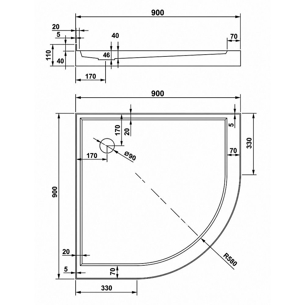 90x90cm Rounded Curved Shower Base in White, 450mm Radius