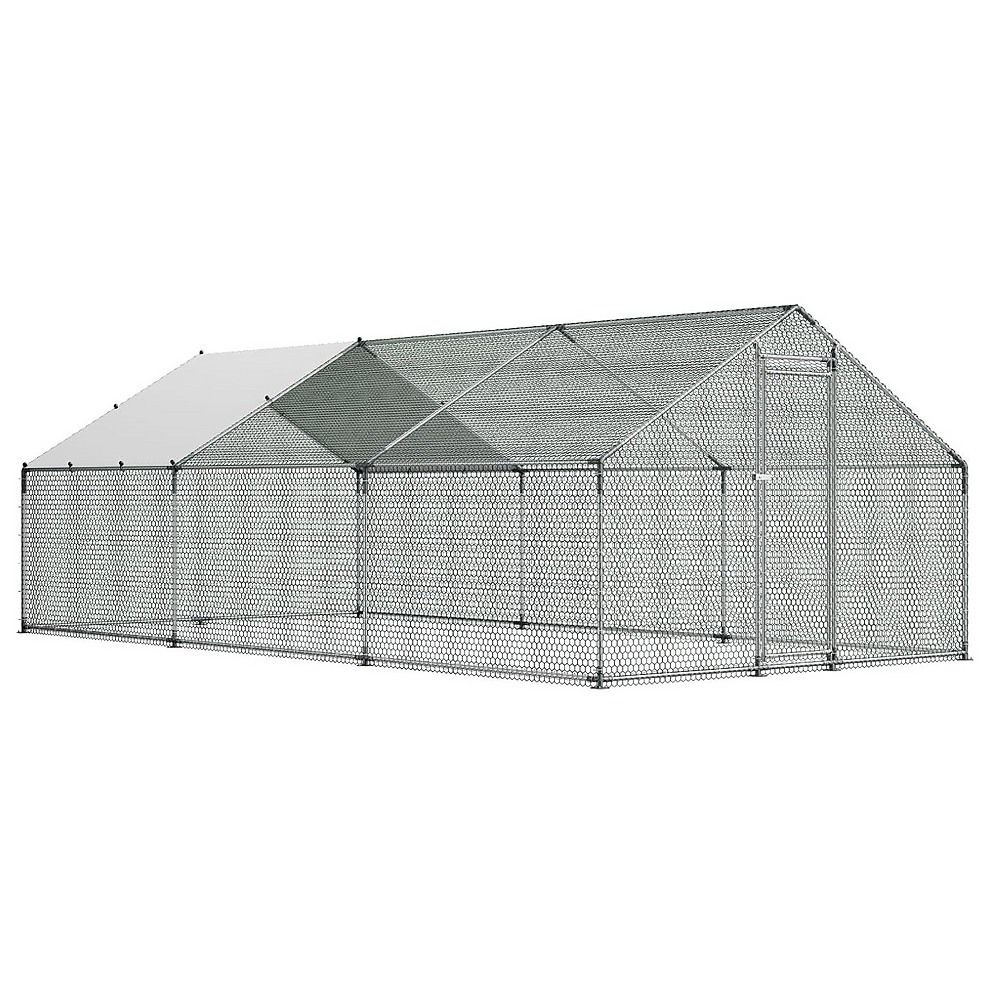 Large Metal Chicken Coop With Run 3 x 8 x 2m Walk-In Poultry Pen With Cover
