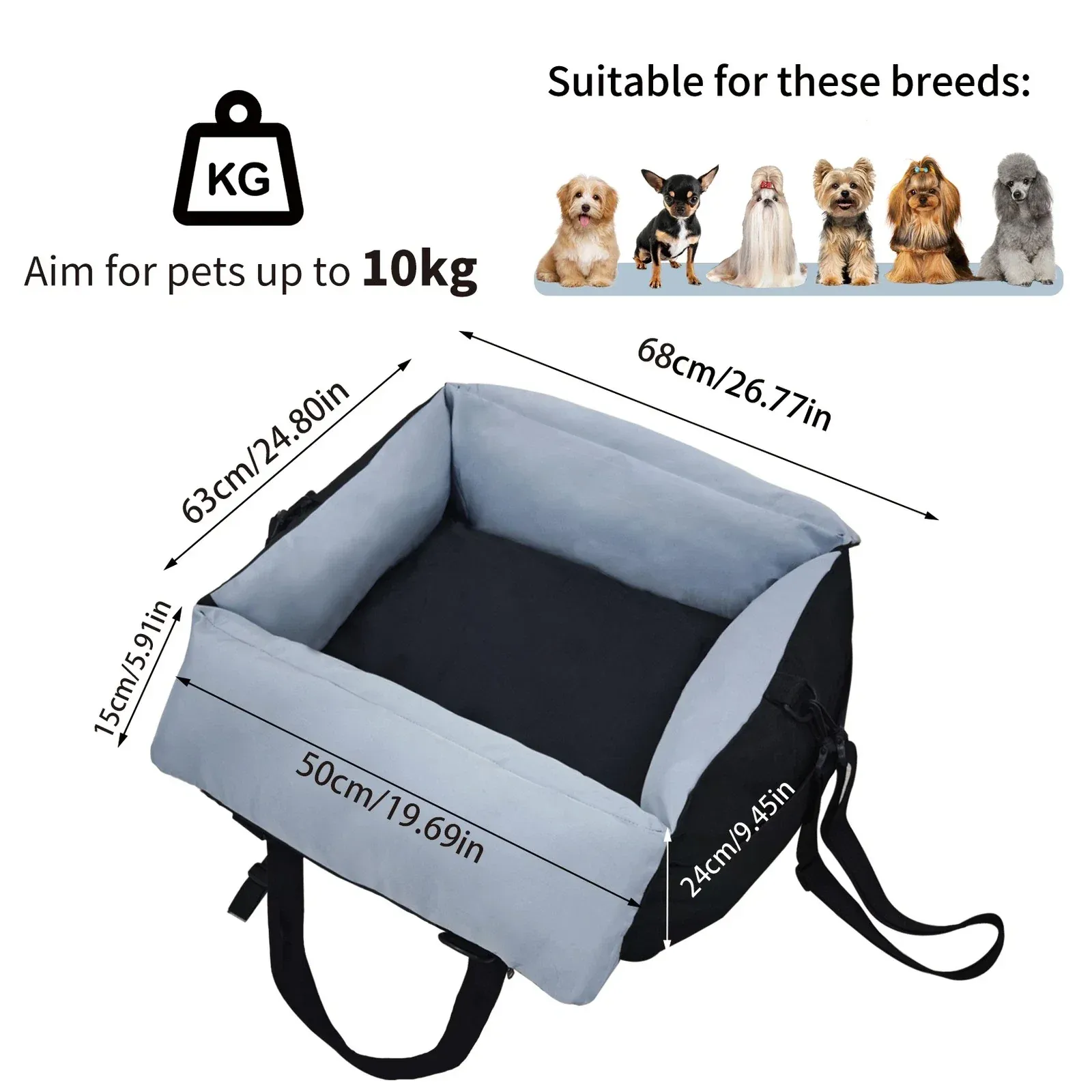 Washable Dog Car Seat Bed Pet Booster Seat Carrier with Safety Leash Portable Travel Bed for Small Dogs - Black & Blue
