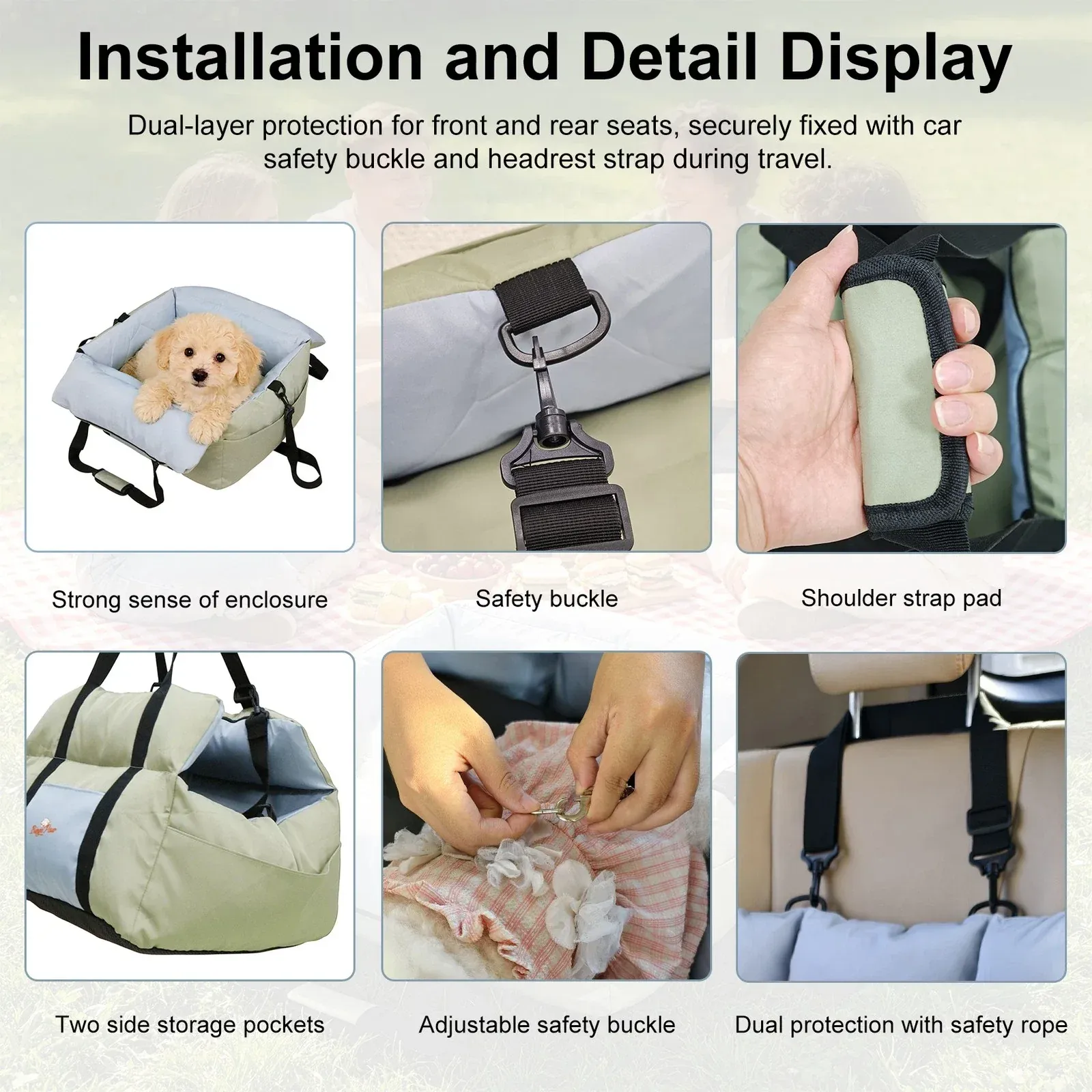 Washable Dog Car Seat Bed Pet Booster Seat Carrier with Safety Leash Portable Travel Bed for Small Dogs - Green & Blue