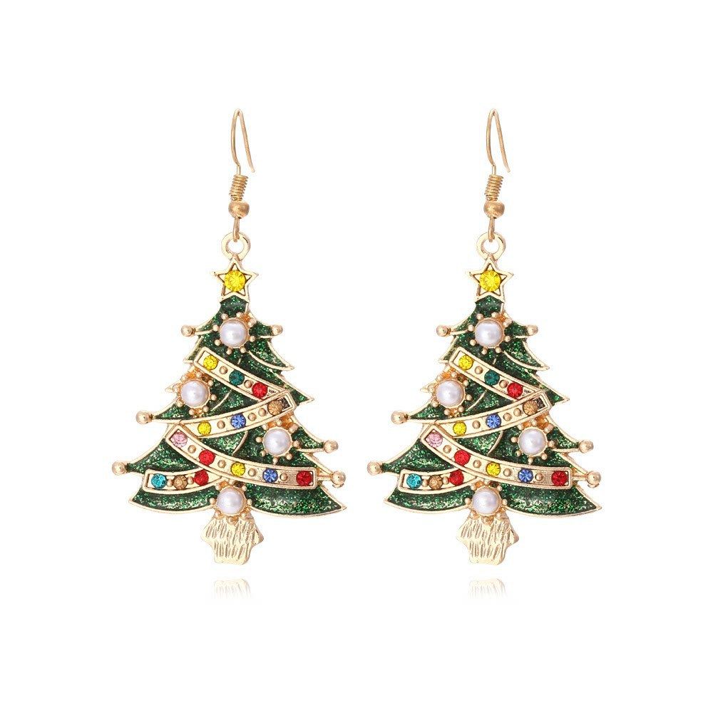 Christmas Tree Drop Earrings - 6.7 x 3.5 cm Alloy Festive Earrings with Colourful Rhinestones and Faux Pearls, Statement Jewellery for Women and Holiday Parties