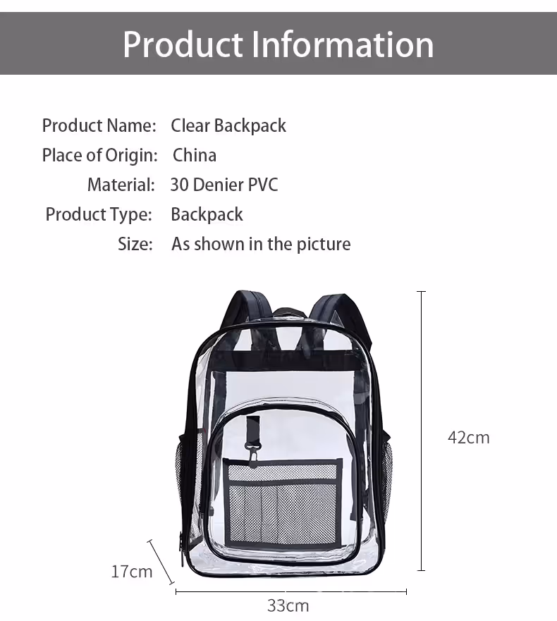 Purple Clear PVC School Bag Heavy Duty Security Travel Daypack with Organised Storage and Multi Size Options Durable Freeze Resistant Design for Everyday Use 42cm x 33cm x 17cm