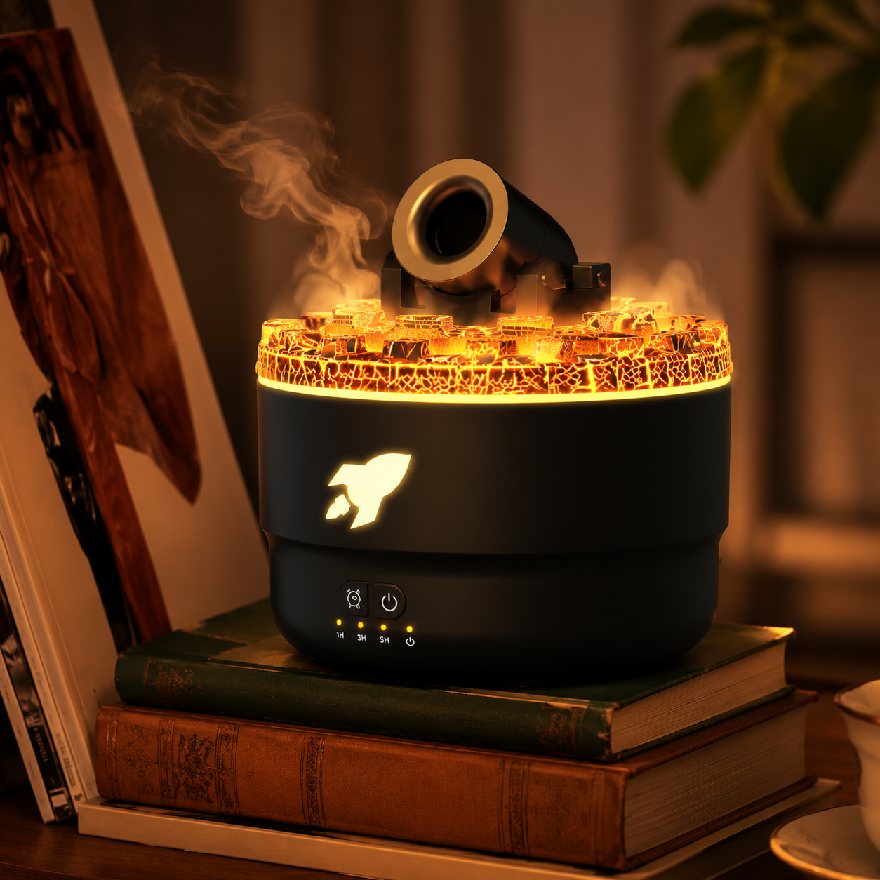 176 Black Simulation Turret Diffuser & Humidifier - Smart Timer Ultrasonic Mister with Volcano Lava Crack Shell and Colorful Light