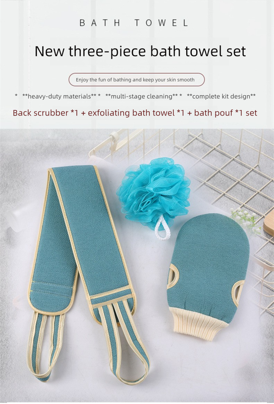 Green 3-Piece Exfoliating Bath Set with Long-Handle Back Scrubber, Exfoliating Glove & Loofah Sponge for Deep Cleansing