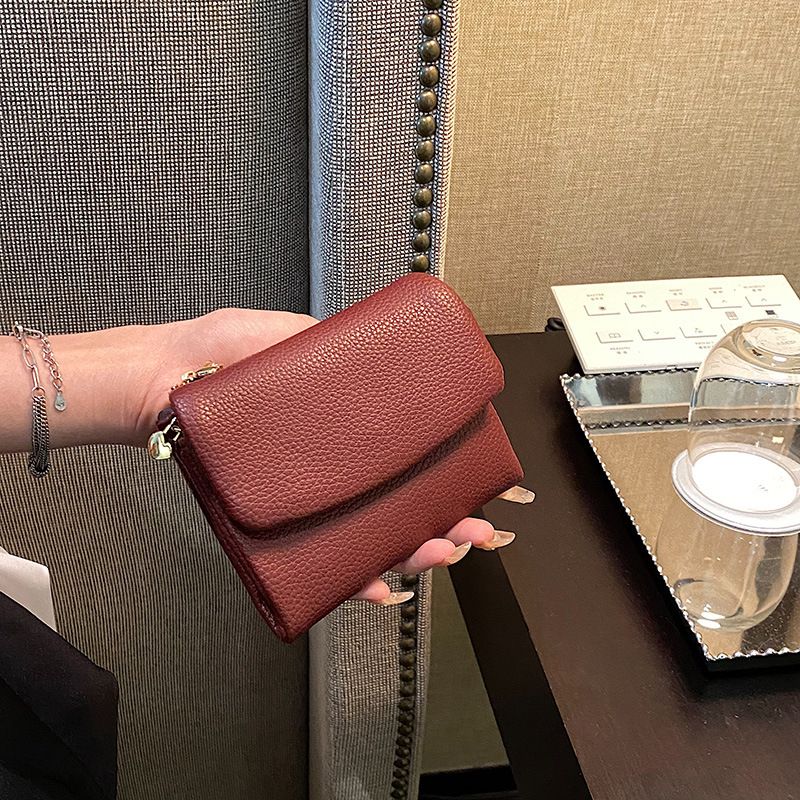 Claret Women's Compact Lychee Grain Wallet – PU Leather Foldable Card Holder with Zipper Pocket