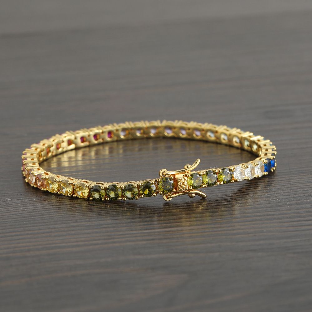 Gold Rainbow Zircon Tennis Bracelet – 4mm Single Row Hip Hop Jewelry with Dragon Clasp (7 Inch)