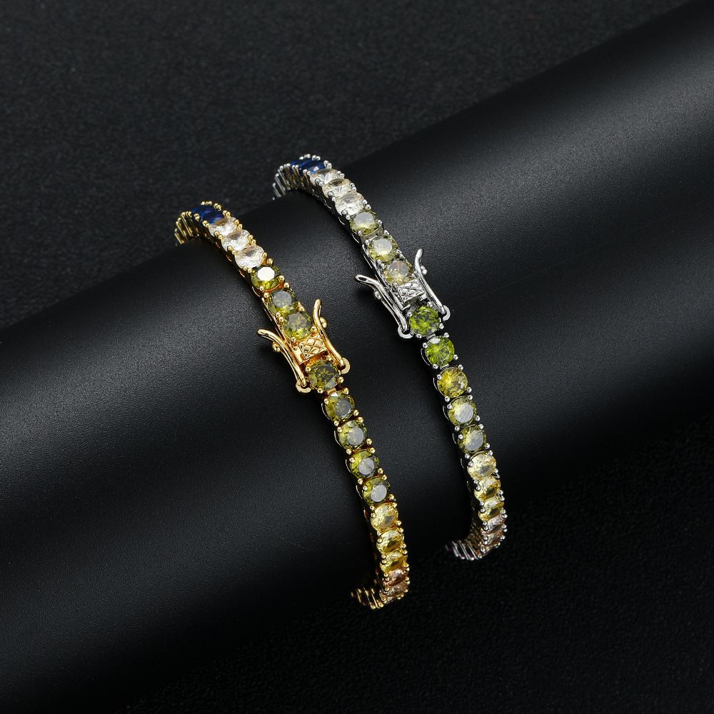 Gold Rainbow Zircon Tennis Bracelet – 4mm Single Row Hip Hop Jewelry with Dragon Clasp (7 Inch)