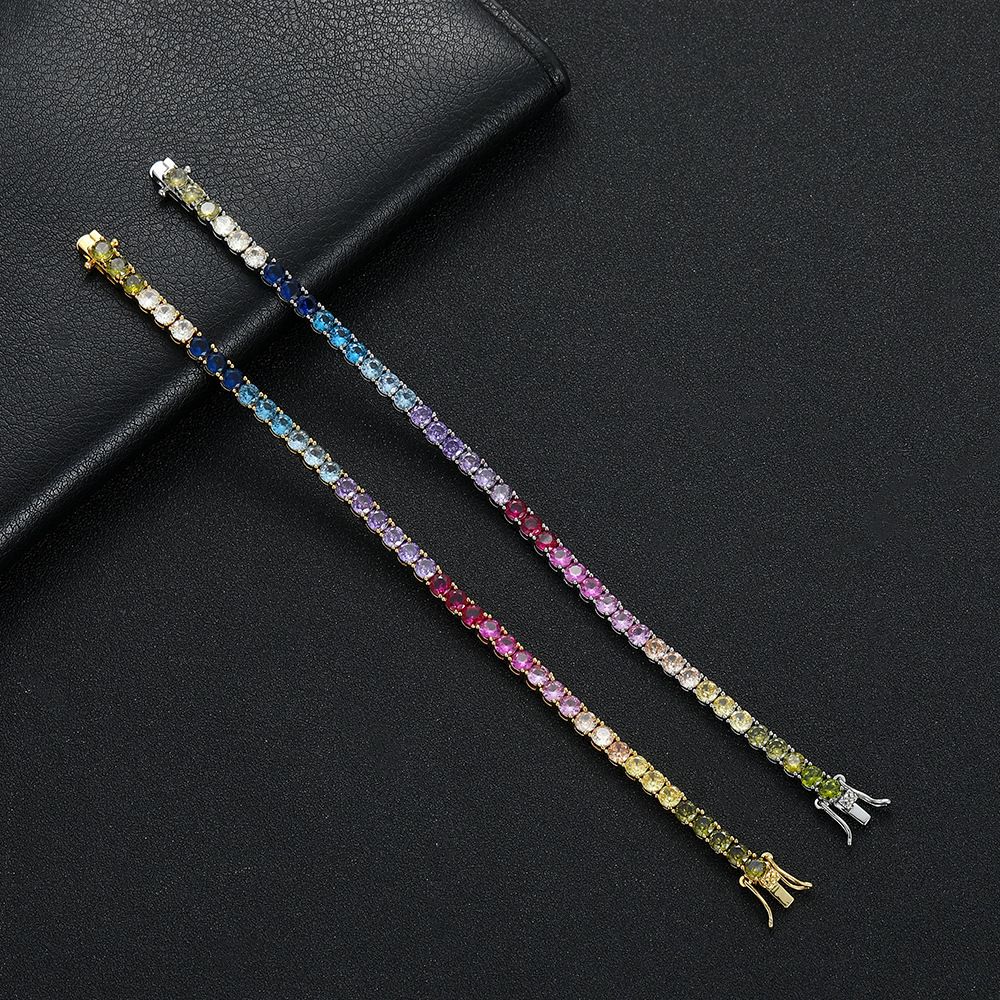 Gold Rainbow Zircon Tennis Bracelet – 4mm Single Row Hip Hop Jewelry with Dragon Clasp (7 Inch)